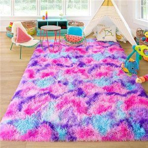 Rainbow Area Rugs Fluffy Colorful Cute Floor Carpets 4ft x 6ft Tie-Dyed Hot-Pink